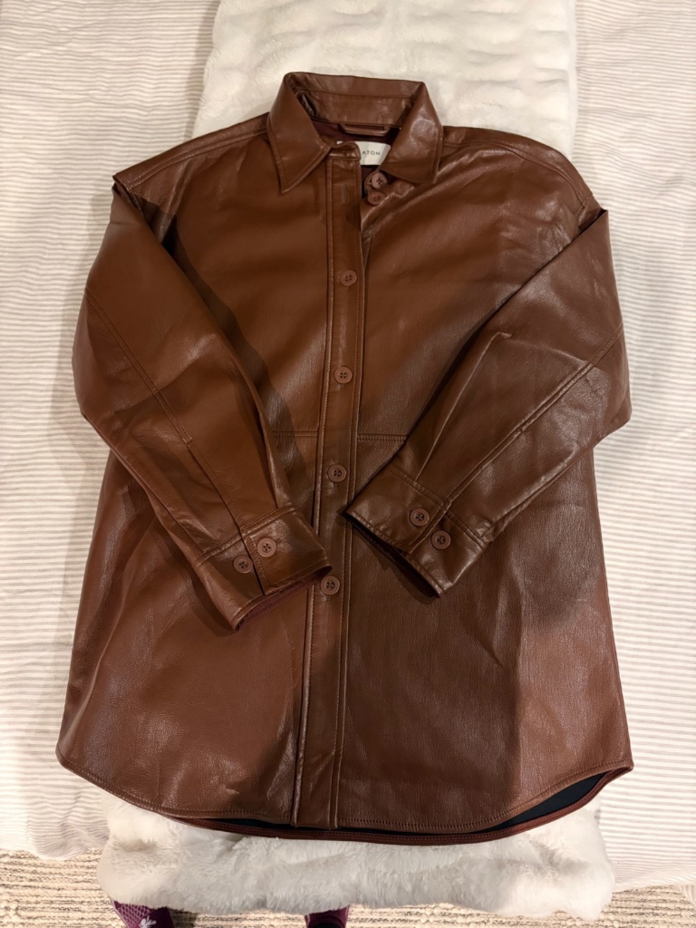 Brown Faux Leather Button-Up Shirt Jacket